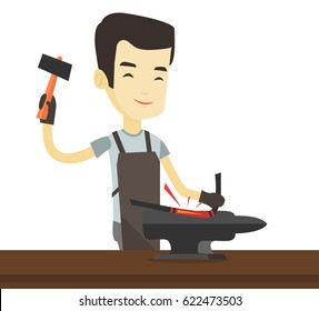 Asian blacksmith working metal with hammer on anvil in forge. Blacksmith at work in smithy. Blacksmith forging the molten metal on anvil. Vector flat design illustration isolated on white background.