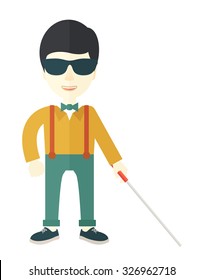 An Asian blind man in dark glasses standing with walking stick vector flat design illustration isolated on white background. Vertical layout.