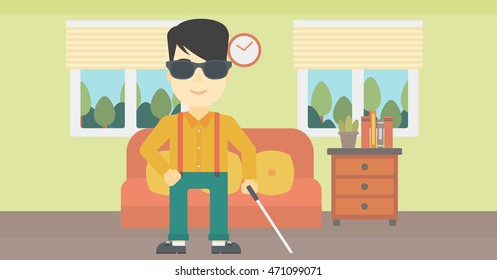 An asian blind man standing with walking stick. Young man in dark glasses with cane standing in the living room. Vector flat design illustration. Horizontal layout.