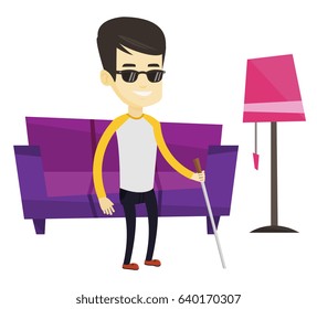 Asian blind man standing with walking stick at home. Young blind man in dark glasses standing with cane. Blind man walking with stick. Vector flat design illustration isolated on white background.
