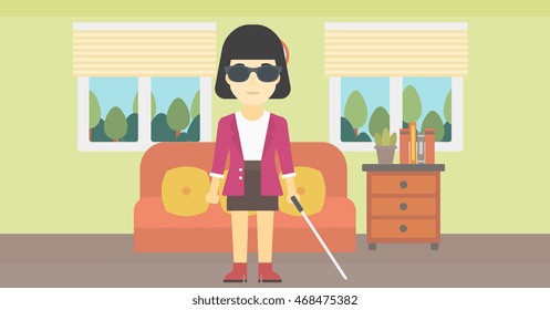An asian blind woman standing with walking stick. Young woman in dark glasses with cane standing in the living room. Vector flat design illustration. Horizontal layout.