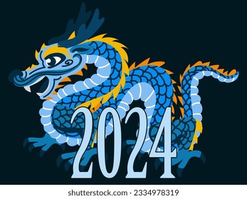 The Asian blue dragon is standing next to 2024. The inscription was made in the Chinese year of the dragon. Happy New Year. Symbol 2024. Vector illustration of the Bright Dragon Festival