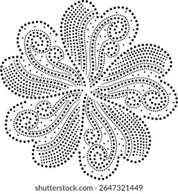 Asian, Bohemian, Arabic Symmetrical Abstract Floral Central Design Element. Intricate Vintage Flat Floral Petals decorated with curved lines of different sizes. Ethnic Embroidery, Fabric Illustration.