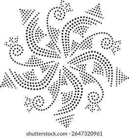 Asian, Bohemian Rotating Dotted Abstract Central Design Element. Modern Black Peacocks themed swirled vector showing curved Dotted lines. Flat Dotted Symmetrical Geometric Central Design Illustration.