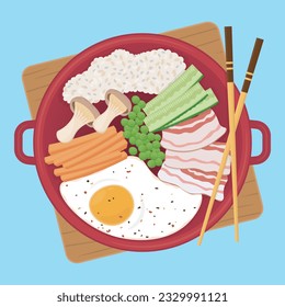 asian boiled rice with fried egg, bacon and vegetables