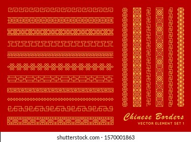 Asian border set in vintage style on red background. Traditional chinese ornaments for your design. Vector golden japanese pattern. Artwork graphic, asian culture decoration