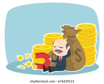asian boss beside money sack holding coin magnet