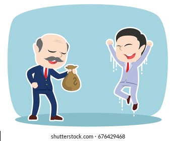 asian boss giving money sack to his male employee