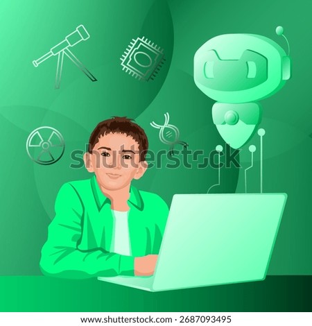 Asian boy with AI tutor in digital classroom with artificial intelligence. Future smart education technology. Isolated vector illustration.