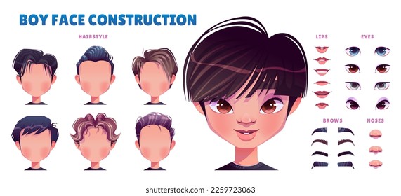 Asian boy avatar construction. Male kid face generator with head parts, different eyes, lips, noses, hairstyles, brows isolated on white background, vector cartoon set