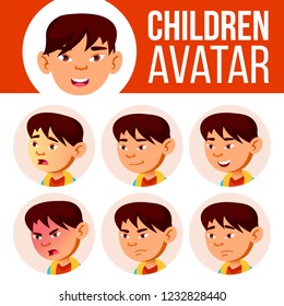 Asian Boy Avatar Set Kid Vector. Primary School. Face Emotions. School Student. Kiddy, Birth. Advertisement, Greeting.  Cartoon Head Illustration