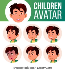 Asian Boy Avatar Set Kid Vector. Primary School. Face Emotions. Facial, People. Cute, Comic. Banner, Flyer.  Cartoon Head Illustration
