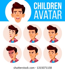 Asian Boy Avatar Set Kid Vector. High School. Face Emotions. Facial, People. Kids, Positive. Cartoon Head Illustration
