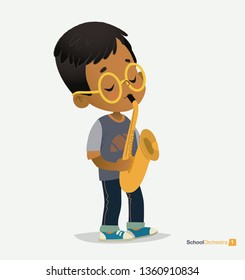 Asian Boy Bespectacled Play on Saxophone. Jazz Band Performance. Creative Music Sound. Black Jeans with Design. Modern Blue Sneakers. Gray T-shirt Pattern Flat Cartoon Vector Illustration