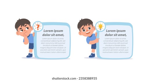 Asian boy character cartoon design with question and idea text box frame for message illustration vector. Education concept.