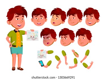Asian Boy, Child, Kid, Teen Vector. Leisure. Educational, Study. Face Emotions, Various Gestures. Animation Creation Set. Isolated Flat Cartoon Character Illustration
