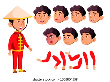 Asian Boy, Child, Kid, Teen Vector. School children, Teen. Face Emotions, Various Gestures. Animation Creation Set. Isolated  Character Illustration