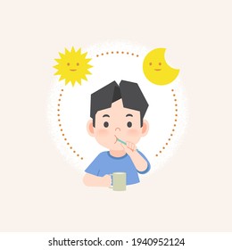 a asian boy cleaning his teeth with toothbrush by brushing teeth with circle and sun and moon, meaning is daily routine daytime and nighttime brushing teeth. illustration vector on white background.