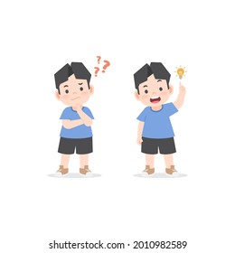 The Asian boy was confused, wondered, had a problem, and tried to answer and The Asian boy figured out the answer to the problem. illustration cartoon character vector design on white background.