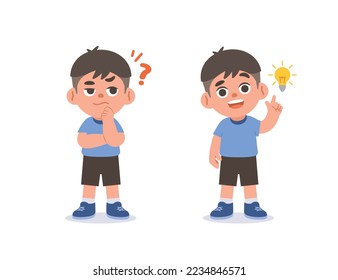 The Asian boy was confused, wondered, had a problem, and tried to answer and The girl figured out the answer to the problem. illustration cartoon character vector design on white background.