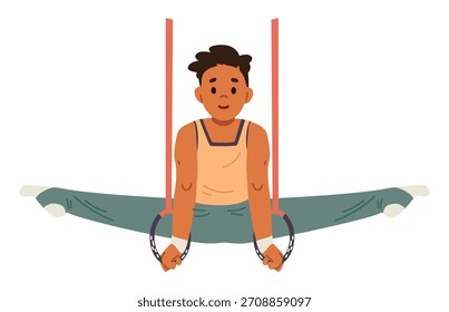 Niño asiático haciendo gimnasia rítmica usando anillos de Ilustración vectorial plana aislados en blanco.