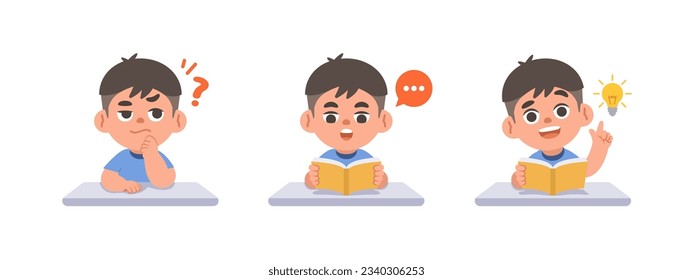 a Asian boy in doubt or have a question, reading the book, get an idea on the desk, study set. illustration cartoon character vector design on white background. kid and education concept.