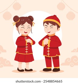 Menino asiático e menina executar gestos de saudação de punho e palma, comemoração de ano novo chinês, bonito estilo desenhado de mão plana