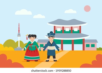 Asian boy and girl in traditional clothes holding hands. Cartoon Korean characters wearing ancient costumes, autumn background with Asian building and tower. Asia, culture, traveling concept