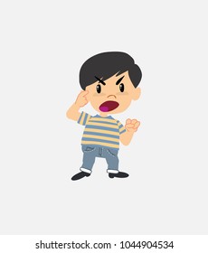 Asian boy in jeans makes a gesture of tired resignation.