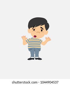 Asian boy in jeans shows very angry something to his left.