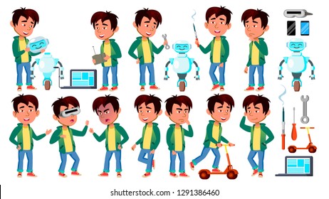 Asian Boy Kid Poses Set Vector. Build Robot Helper. Primary School Child. For Presentation, Invitation, Card Design. Isolated Cartoon Illustration