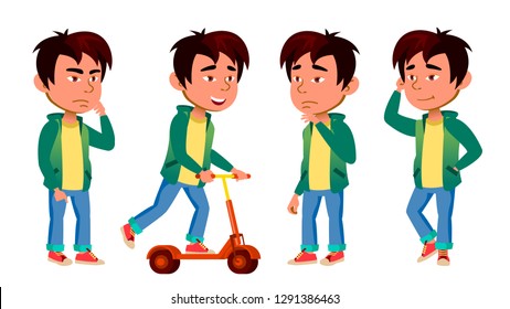 Asian Boy Kid Poses Set Vector. Primary School. Kifestyle. For Web, Brochure, Poster Design. Isolated Cartoon Illustration