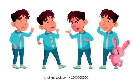 Asian Boy Kindergarten Kid Poses Set Vector. Baby Expression. Preschooler. For Card, Advertisement, Greeting Design. Isolated Cartoon Illustration