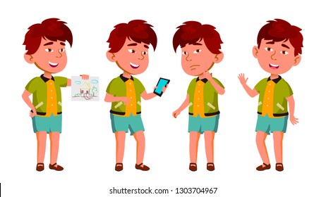 Asian Boy Kindergarten Kid Poses Set Vector. Happy Beautiful Children Character.  For Advertising, Booklet, Placard Design. Isolated Cartoon Illustration
