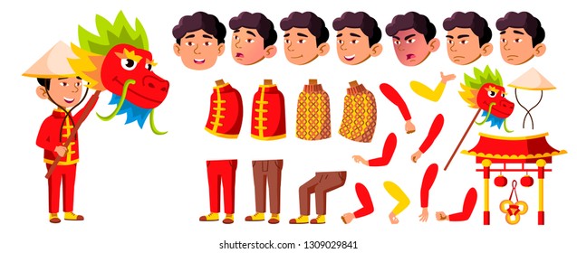 Asian Boy Kindergarten Kid Vector. Animation Creation Set. Face Emotions, Gestures. Dragon, Festival. Traditional. Friend. For Banner, Flyer, Brochure Design. Animated. Isolated Cartoon Illustration