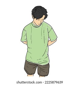 Asian boy looking on the bottom left side isolated on white background vector modern illustrations