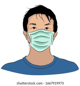 Asian boy in medical mask protect himself from the virus. Vector illustration