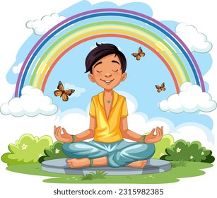 Asian boy meditate at the garden illustration