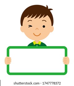 Asian boy with message board. 
Cartoon character illustration.