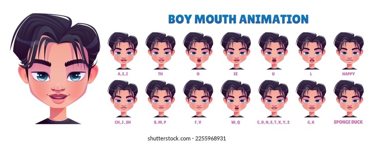 Asian boy mouth animation set isolated on white background. Lip sync collection. Vector cartoon illustration of child face with sound pronunciation, emotions sprite sheet. Game character constructor