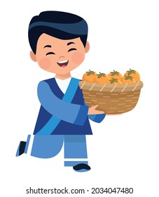 asian boy with oranges in basket