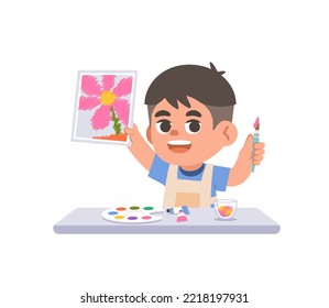 a Asian boy painting as a hobby with color palette and brush on the table, illustration cartoon character vector design on white background. kid and education concept.