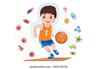 Asian Boy Play Basketball To Good Healthy, Away From Disease And Bacteria That Risk Their Health.