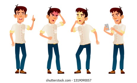 Asian Boy Poses Set Vector. High School Child. Panic, Shock. Classmate. Teenager. For Advertising, Booklet, Placard Design. Isolated Cartoon Illustration