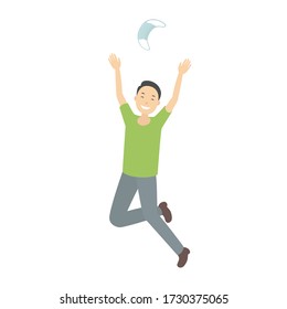 Asian boy rejoice at quarantine ending and throw medical mask. Vector illustration.