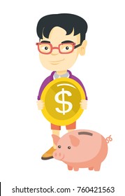 Asian boy saving coins in a piggy bank. Little boy inserting a coin into a piggy bank. Boy putting a coin in a piggy bank. Vector sketch cartoon illustration isolated on white background.