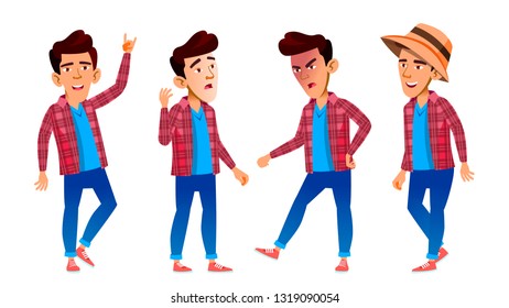 Asian Boy Schoolboy Kid Poses Set Vector. High School Child. Secondary Education. Casual Clothes, Friend. For Advertisement, Greeting, Announcement Design. Isolated Cartoon Illustration