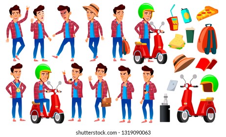 Asian Boy Schoolboy Kid Poses Set Vector. High School Child. School Student. Delivery Service. Scooter. For Presentation, Print, Invitation Design. Isolated Cartoon Illustration