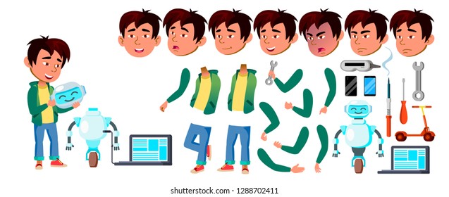 Asian Boy Schoolboy Kid Vector. Primary School Child. Build Robot Helper. Animation Creation Set. Schoolchild. Future Techology Concept. Face Emotions, Gestures. Animated. Cartoon Illustration