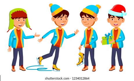 Asian Boy Schoolboy Set Vector. Primary School Child. Cute Child. Happiness Enjoyment. Chrastmas, New Year. For Presentation, Print, Invitation Design. Isolated Cartoon Illustration
